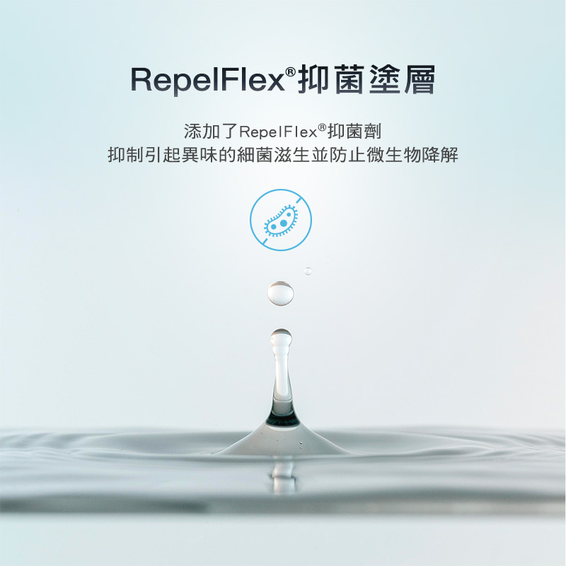 RepelFlex®抑菌塗層添加了RepelFlex®抑菌劑抑制引起異味的細菌滋生並防止微生物降解