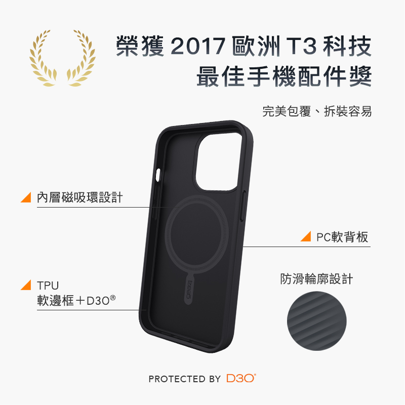 榮獲 2017 歐洲 T3 科技最佳手機配件獎內層磁吸環設計TPU軟邊框+D3O 完美包覆、拆裝容易PROTECTED BY D3OPC軟背板防滑輪廓設計