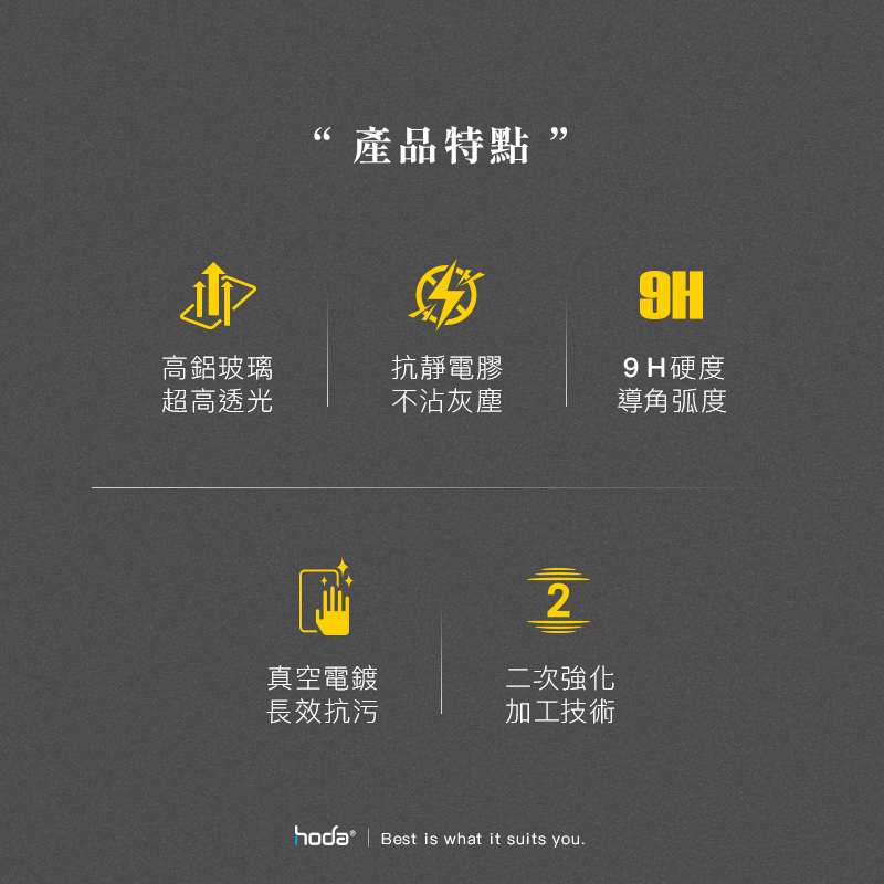 產品特點 高鋁玻璃超高透光抗靜電膠不沾灰塵9H硬度角弧度2真空電鍍長效抗污二次強化加工技術 | Best is what it suits you.