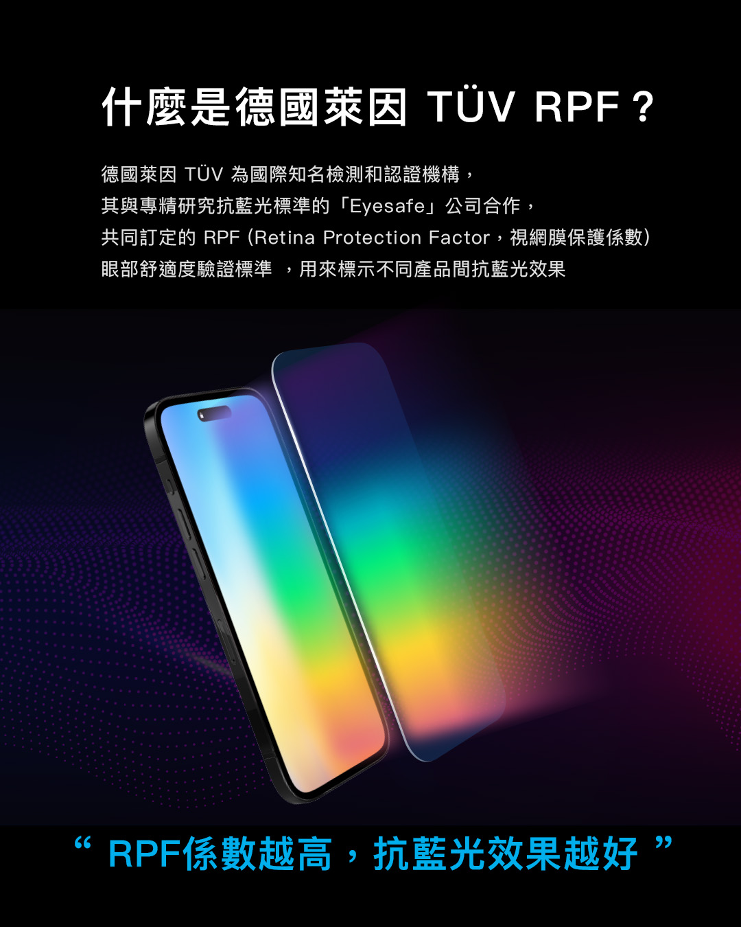 什麼是德國萊因 TÜV RPF?德國萊因 TÜV 為國際知名檢測和認證機構,其與專精研究抗藍光標準的「Eyesafe」公司合作,共同訂定的 RPF (Retina Protection Factor,視網膜保護係數)眼部舒適度驗證標準,用來標示不同產品間抗藍光效果RPF係數越高,抗藍光效果越好”